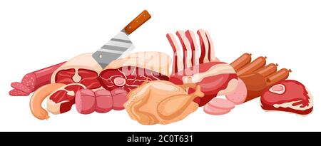 Striscione di carne vettore striscione di carne fresca isolato su bianco. Carne in stile piatto Illustrazione Vettoriale