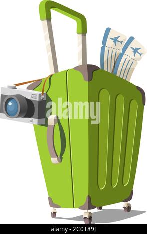 Illustrazione vettoriale di una valigia con una macchina fotografica e biglietti aerei in stile cartoon. Icon concetto di viaggio, turismo, viaggio aereo. Illustrazione Vettoriale