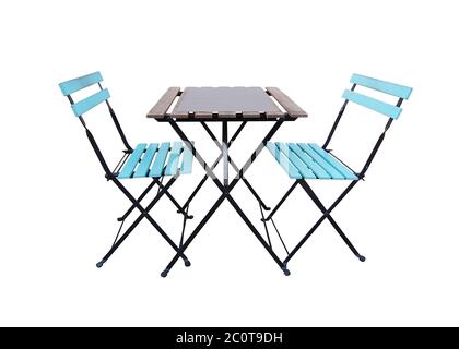 Due semplici sedie da giardino turchesi e tavolo Foto Stock
