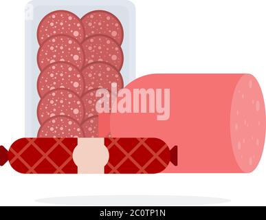 Fette di salame nella confezione, il bastone di salsiccia affumicata e salsiccia cotta piatta isolato Illustrazione Vettoriale