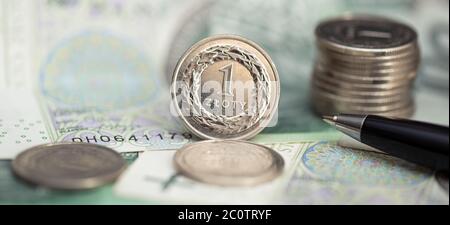 Denaro polacco, pila di monete sulle banconote lucidate. Business, concetto di finanza Foto Stock