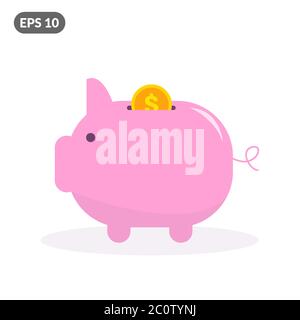 Pink piggy bank con moneta in caduta del dollaro d'oro. Scatola portamonete rosa in stile piatto Illustrazione Vettoriale