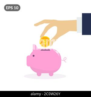Mano di uomo d'affari che mette moneta del dollaro d'oro in banca piggy. Concetto di investimento del dollaro Illustrazione Vettoriale