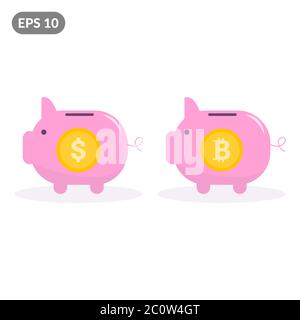 Bitcoin piggy bank e dollaro piggy bank. Il concetto di redditività della valuta e della criptovaluta Illustrazione Vettoriale
