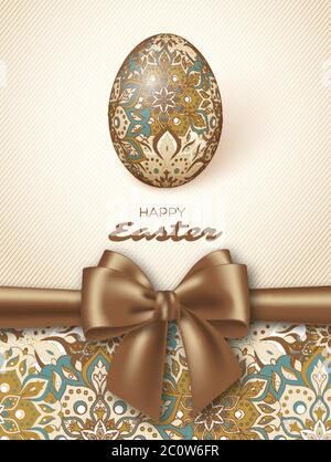 Biglietto di auguri di Pasqua con uovo e nastro rosso. Immagine vettoriale. Illustrazione Vettoriale