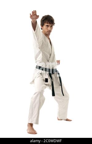 Il Karate combattente maschio giovane isolato su sfondo bianco Foto Stock