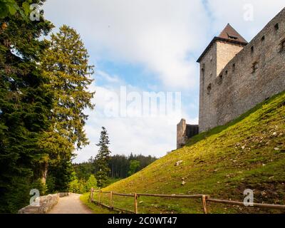 Fortificazione della roccaforte medievale Kasperk Castello vicino Kasperske Hory nel sud della Boemia, Sumava Montagne, Repubblica Ceca, Europa. Foto Stock