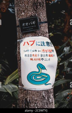 Cartello di avvertimento per il serpente velenoso giapponese Habu a Naha Okinawa Giappone Foto Stock