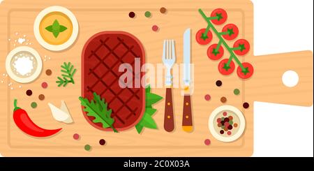 Bistecca con posate su tavola vettore piatto isolato Illustrazione Vettoriale