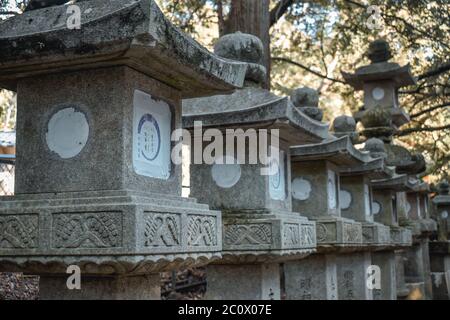 Belle lanterne di pietra nel Santuario di Kasuga Taisha a Nara Giappone Foto Stock