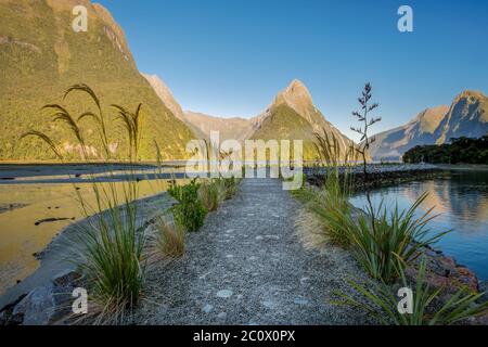 Mighty Mitre Peak nel Milford Sound della Nuova Zelanda. Foto Stock