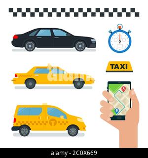 Elementi di raccolta servizi taxi icone vettoriali in design piatto. Illustrazione Vettoriale