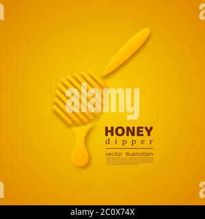 Cucchiaia di miele di tipo a taglio di carta. Elemento per la progettazione di prodotti di apicoltura e miele. Sfondo giallo, illustrazione vettoriale. Illustrazione Vettoriale