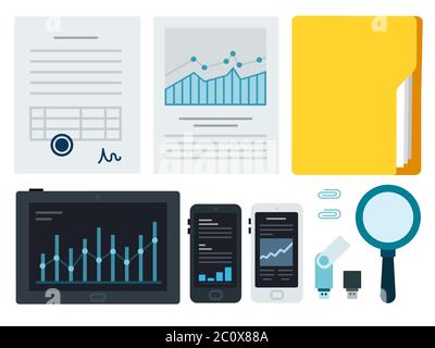 Icone vettoriali di concetto documenti aziendali e tecnologia moderna in stile piatto. Illustrazione Vettoriale