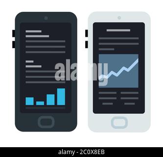 Smartphone a icone vettoriali piatte con diagramma, schema e analisi. Illustrazione Vettoriale