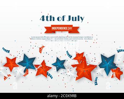 4 luglio - giorno dell'indipendenza dell'America. Passato delle festività americane. stelle 3d in colori nazionali con serpentina e confetti, illustrazione vettoriale Illustrazione Vettoriale