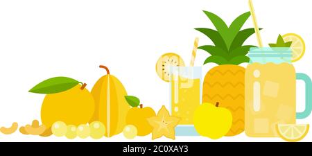 Succo di ananas in un bicchiere, limonata in un vaso di vetro con set di frutti esotici di colore giallo piatto isolato Illustrazione Vettoriale
