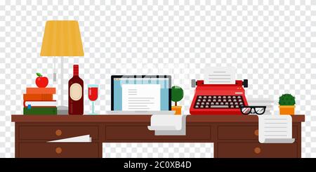 Il desktop writer, copywriter disegno piatto vettore illustrazione su sfondo trasparente. Illustrazione Vettoriale