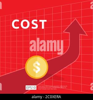 costo spese aumento con freccia rossa aumento del diagramma di crescita. business cash reduction concept. investimento crescita progresso moneta elemento moneta in Illustrazione Vettoriale