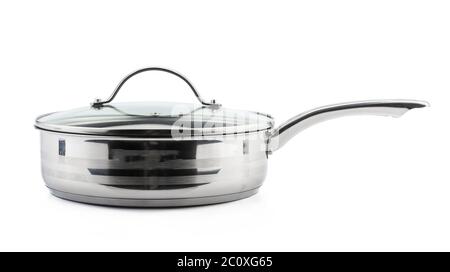 padella in acciaio inox con isolato su bianco Foto Stock