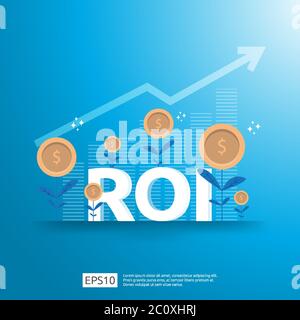 Concetto di ritorno sugli investimenti. Le frecce di crescita di affari al successo. Testo ROI con Grow Dollar Coins Plant. Grafico aumentare profitto. Allungamento finanziario Illustrazione Vettoriale