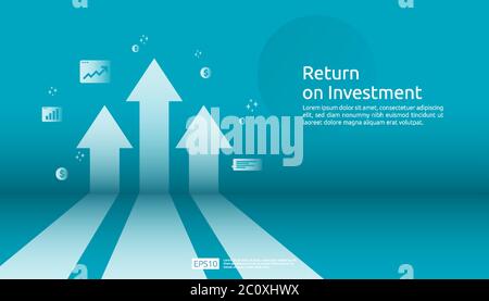 Ritorno sugli investimenti ROI, concetto di opportunità di profitto. Business crescita frecce al successo. Freccia con dollari pianta monete, grafico e grafico aumento Illustrazione Vettoriale