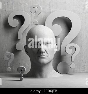 Pensare la statua dell'uomo e punti interrogativi Foto Stock