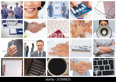 Immagine composita di scuotere le mani su occhiali e diario dopo la riunione di affari Foto Stock