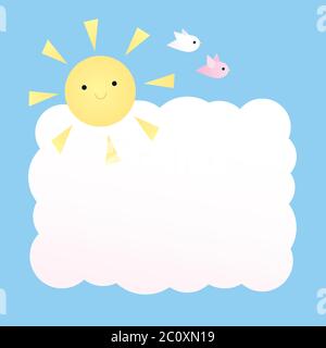 Vettore sfondo quadrato con cielo, il sole, due uccelli e una grande nuvola. Colori pastello. Illustrazione Vettoriale