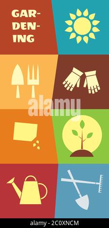 Vettore stile retro colorato illustrazione di oggetti relativi al giardinaggio. Formato verticale lungo. Illustrazione Vettoriale