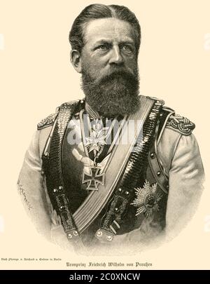 Europa, Deutschland, Berlin, Kronprinz Friedrich Wilhelm von Preußen, später Friedrich III. Von Preußen, Deutscher Kaiser und König von Preußen, aus dem Hause Hohenzollern, 99 Tage Kaiser, Motiv aus : ' Der Krieg gegen Frankreich und die Einigung Deutschlands ', von Th. Lindner, Verlag von A. Asher & Co., Berlino, 1895. / Europa, Germania, Berlino, principe di Crownprincce Federico Guglielmo di Prussia, in seguito Federico III, Federico III di Prussia, imperatore tedesco e re di Prussia, imperatore per novantanove giorni, immagine di: ' Der Krieg gegen Frankreich und die Einigung Deutschlands ' ( The wa Foto Stock