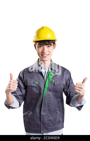 Isolate i giovani asiatici bello tecnico su sfondo bianco Foto Stock