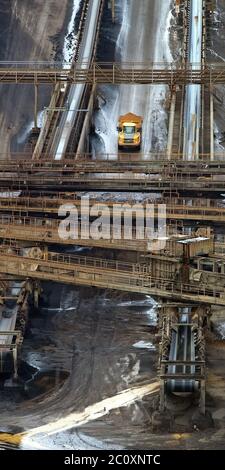 Il sistema di trasporto di carbone marrone miniere di superficie Inden, Renania settentrionale-Vestfalia, Germania, Europa Foto Stock