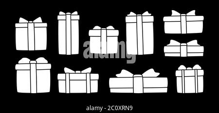 Set di glifo bianco piatto per confezione. Cartoon Festa di compleanno scatole diverse forme con archi nastro. Regali tradizionali di festa. Collezione di design di Natale, Capodanno. Immagine vettoriale sfondo scuro Illustrazione Vettoriale