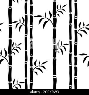 Alberi di bambù modello senza giunture. Foglia sfondo floreale bambù stalks silhouette. Grafica in bianco e nero. Per sfondi di pagine web, texture di superficie, tessuto. Illustrazione vettoriale Illustrazione Vettoriale