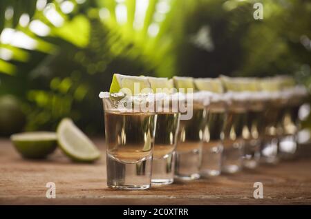 Oro tequila scatti con frutti di lime Foto Stock