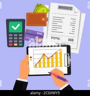 un contabile sta calcolando un grafico delle fatture delle finanze mensili dei consumatori usando una penna e una lavagna cartacea contenente i rendiconti finanziari Illustrazione Vettoriale