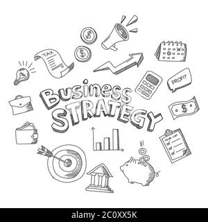 Elemento grafico dell'illustrazione commerciale disegnato a mano. Semplice icona business in bianco e nero con contorni piatti. Mano disegno business strategia doodle vettore. Illustrazione Vettoriale