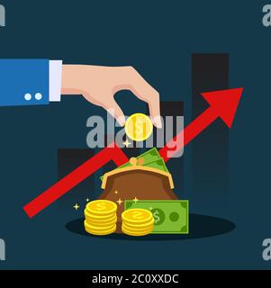 la mano di un uomo d'affari sta tenendo una moneta da mettere in un portafoglio di investimento con i profitti crescenti. Illustrazione Vettoriale