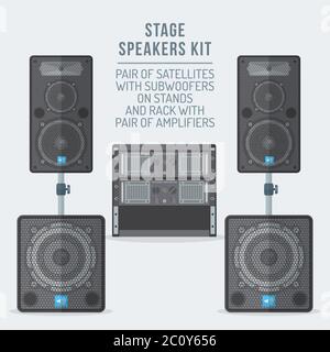 illustrazione degli altoparlanti piatti a colori sul subwoofer e sugli amplificatori Foto Stock