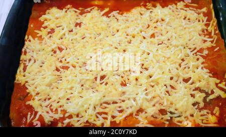 LASAGNE FATTE IN CASA CON STRATI DOPO IL TAGLIO Foto Stock
