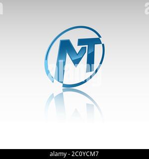 Lettera iniziale logotipo MT nome dell'azienda cerchio blu e disegno Swoosh. Logo vettoriale per l'azienda e identità dell'azienda.EPS 10 Illustrazione Vettoriale