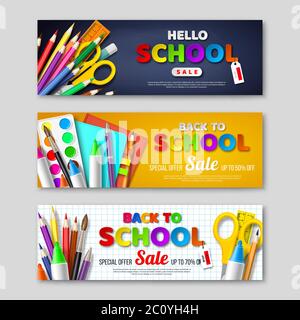 Vendita di ritorno a scuola banner orizzontali. Illustrazione Vettoriale