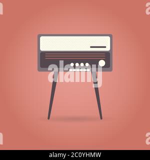 Icona della radio vintage piatta su sfondo rosso. Illustrazione Vettoriale