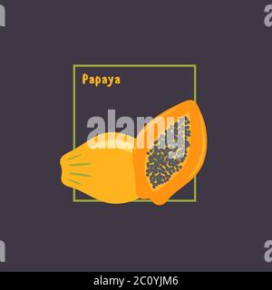 Disegno a mano di papaya e affettato con semi su sfondo scuro. Icona di progettazione piatta, oggetto isolato. Illustrazione vettoriale. Illustrazione Vettoriale