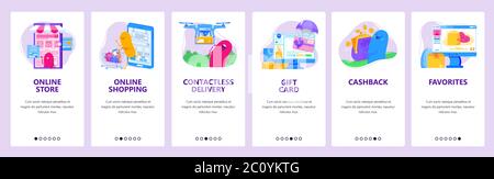 Shopping online e tecnologia ecommerce. Set di icone concettuali per il negozio online. Schermate delle app mobili. Modello di banner vettoriale per sviluppatori di siti web e mobili Foto Stock