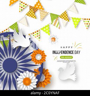 Indian Independence giorno di vacanza background. Bandiere di Bunting, fiore in tricolore tradizionale di bandiera indiana, ruota 3d con ombra, colombe, motivo punteggiato Illustrazione Vettoriale