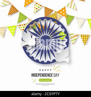 Indian Independence giorno di vacanza background. Bandiere Bunting in tricolore tradizionale della bandiera indiana, ruota 3d con ombra, colombe, motivo punteggiato, vettore Illustrazione Vettoriale