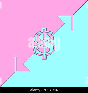 Simbolo del dollaro con frecce, vettore a linea continua minimalista design piatto rosa e blu colori Illustrazione Vettoriale