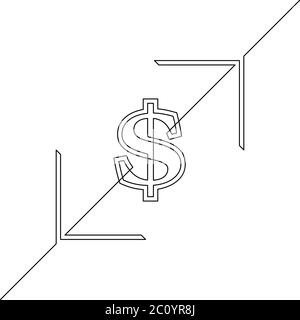 Disegno a linea continua del simbolo del dollaro con frecce, illustrazione vettoriale in bianco e nero minimalista Illustrazione Vettoriale